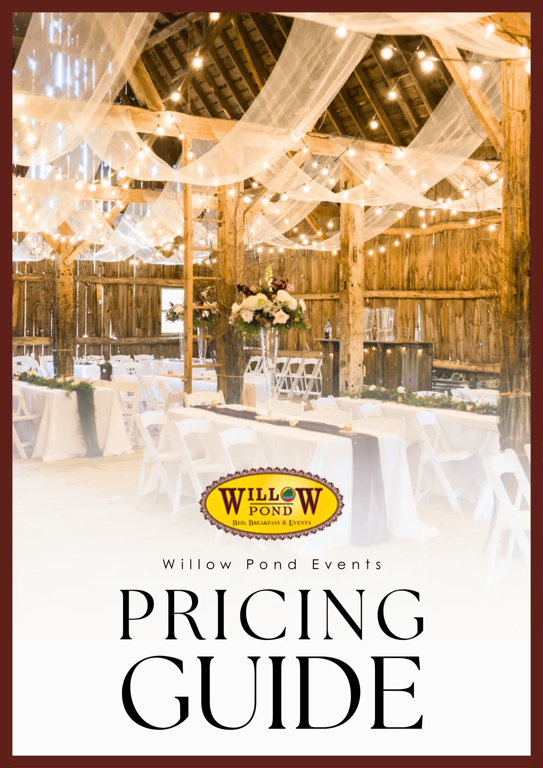 Rustic wedding venue pricing guide cover.